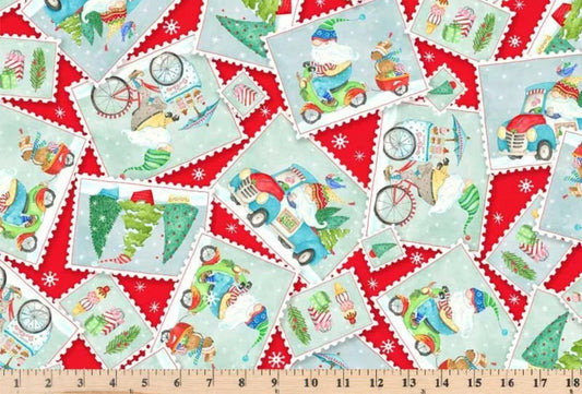44 x 36 Christmas Gnomes Postcard Toss on Red 100% Cotton Fabric - Seasonal Fabrics - Little Red General Store