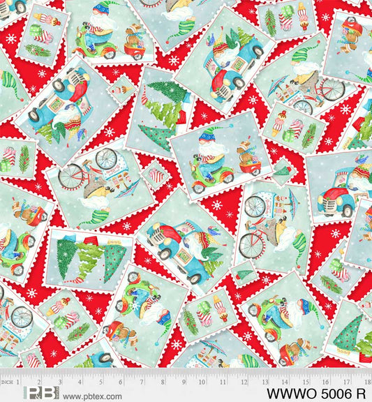 44 x 36 Christmas Gnomes Postcard Toss on Red 100% Cotton Fabric - Seasonal Fabrics - Little Red General Store