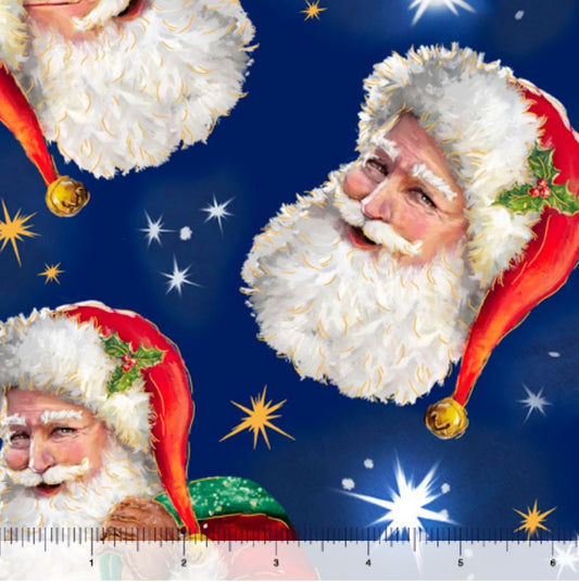 44 x 36 Tossed santa Heads On Navy Blue Quilting Treasures 100% Cotton Christmas - Seasonal Fabrics - Little Red General Store
