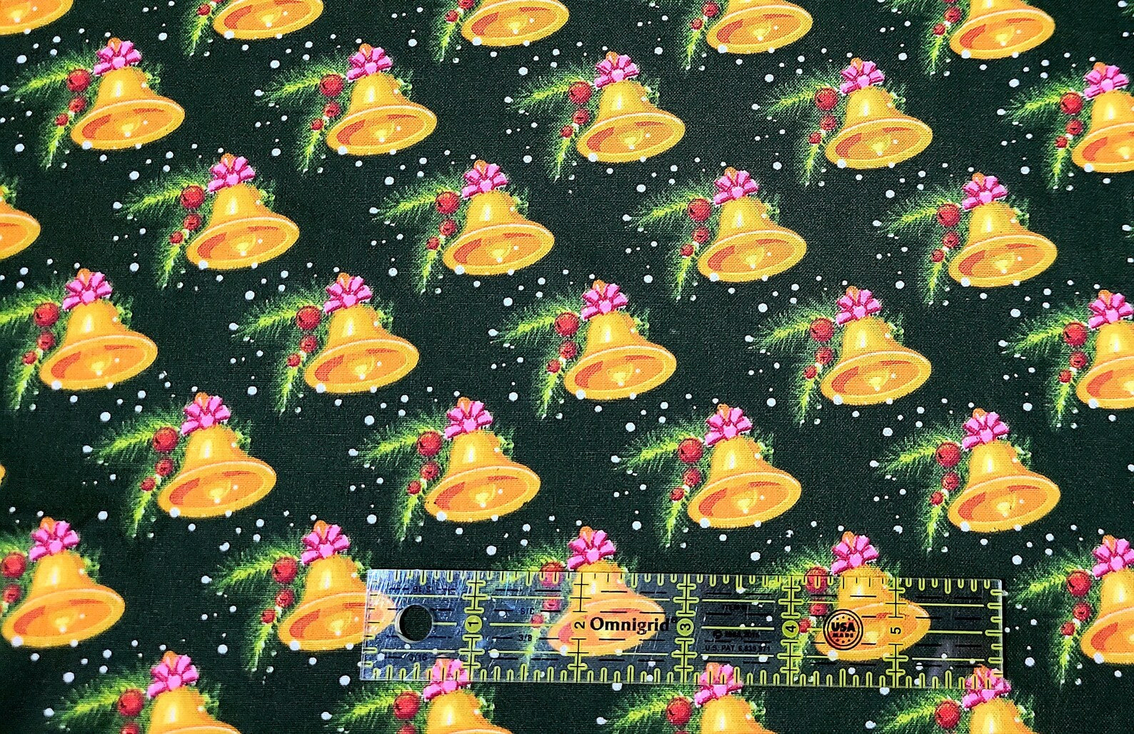 45 x 36 Christmas Gold Bells on Dark Green 100% Cotton Fabric - Seasonal Fabrics - Little Red General Store