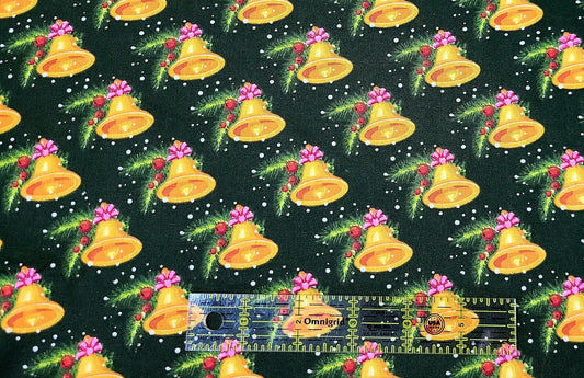 45 x 36 Christmas Gold Bells on Dark Green 100% Cotton Fabric - Seasonal Fabrics - Little Red General Store