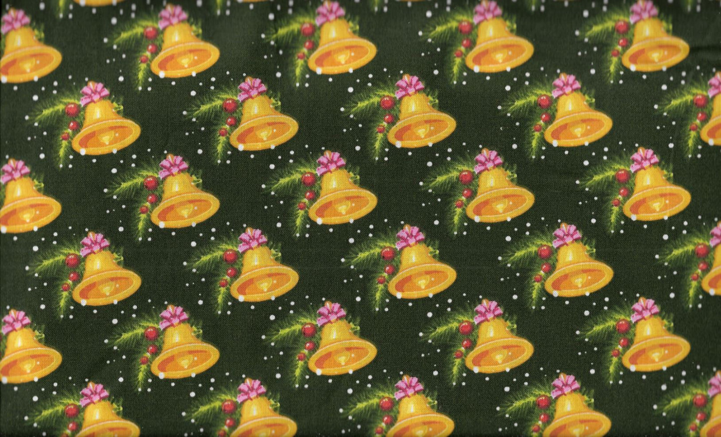 45 x 36 Christmas Gold Bells on Dark Green 100% Cotton Fabric - Seasonal Fabrics - Little Red General Store