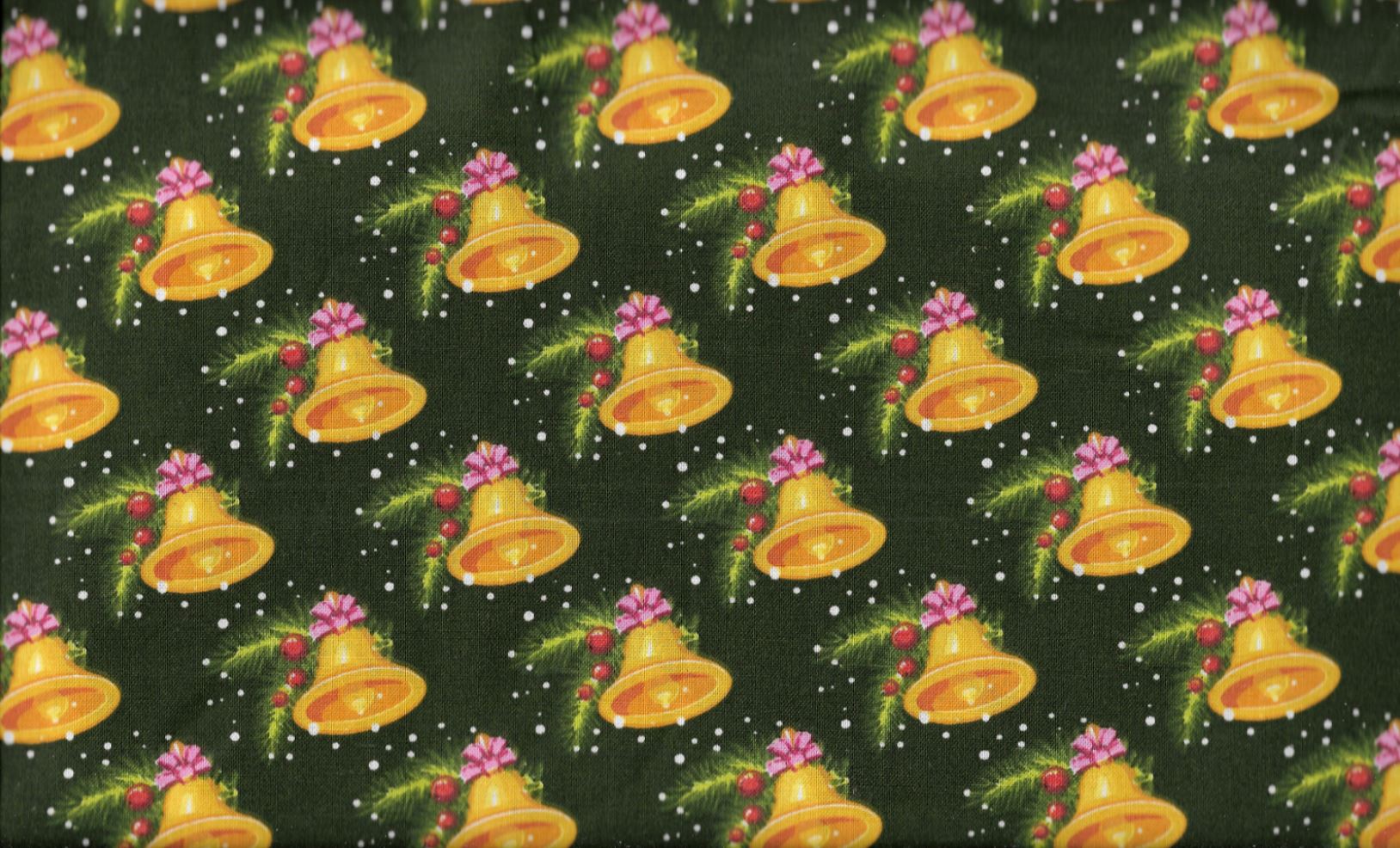 45 x 36 Christmas Gold Bells on Dark Green 100% Cotton Fabric - Seasonal Fabrics - Little Red General Store