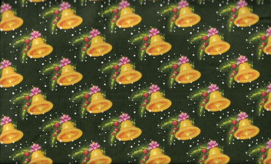 45 x 36 Christmas Gold Bells on Dark Green 100% Cotton Fabric - Seasonal Fabrics - Little Red General Store