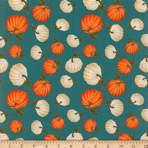 44 x 36 Fall Autumn Tossed Pumpkins on Teal 100% Cotton Fabric Thanksgiving - Seasonal Fabrics - Little Red General Store