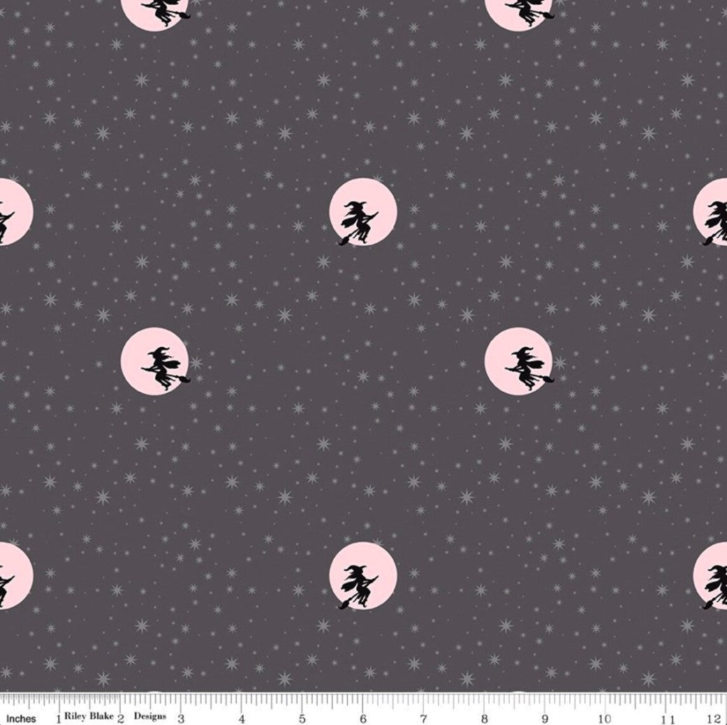Halloween Starry Night Witch Moon Gray Sparkle Riley Blake 100% Cotton Price Per Yard - Seasonal Fabrics - Little Red General Store