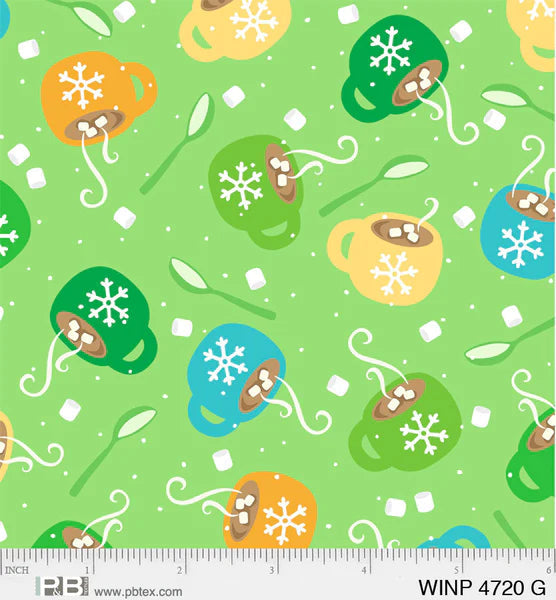 44 x 36 Christmas Cocoa mugs and spoons on Green 100% Cotton Fabric - Seasonal Fabrics - Little Red General Store