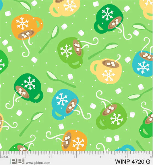 44 x 36 Christmas Cocoa mugs and spoons on Green 100% Cotton Fabric - Seasonal Fabrics - Little Red General Store