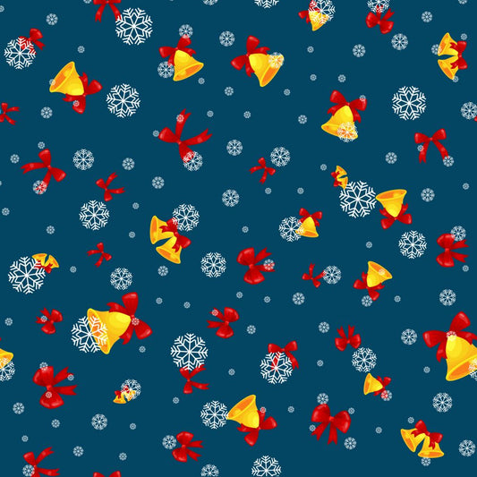 45 x 36 Christmas Fabric Bells Bows and Snowflakes on Navy Blue 100% Cotton - Seasonal Fabrics - Little Red General Store