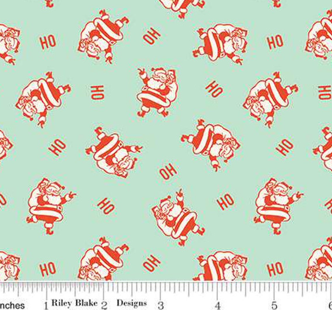 Christmas Santa HO HO HO Mint Green Riley Blake 100% Cotton Price Per Yard - Seasonal Fabrics - Little Red General Store