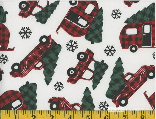 Red Plaid Trucks and Campers on White Christmas Trees 100% Cotton Fabric Price per yard - Seasonal Fabrics - Little Red General Store