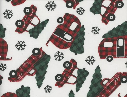 Red Plaid Trucks and Campers on White Christmas Trees 100% Cotton Fabric Price per yard - Seasonal Fabrics - Little Red General Store