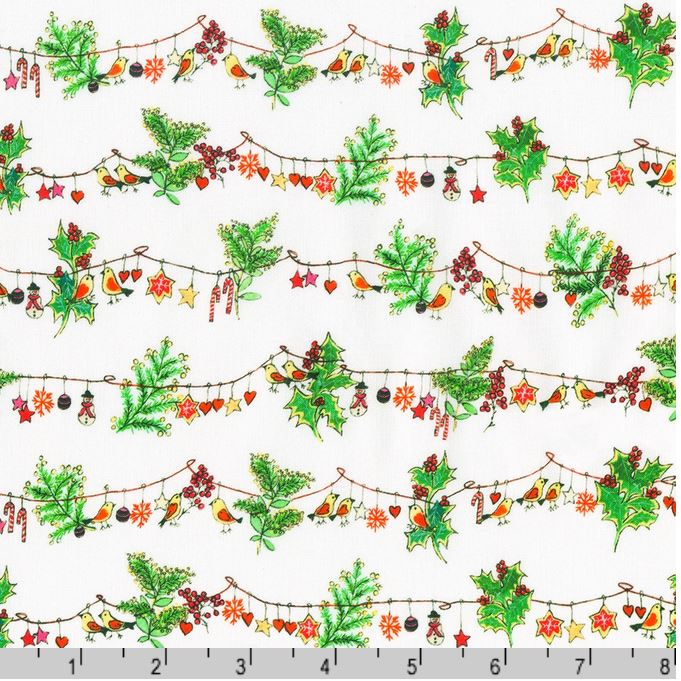 44 x 36 Yuletide Bouquet Strings of Birds on White Robert Kaufman 100% Cotton Christmas - Seasonal Fabrics - Little Red General Store