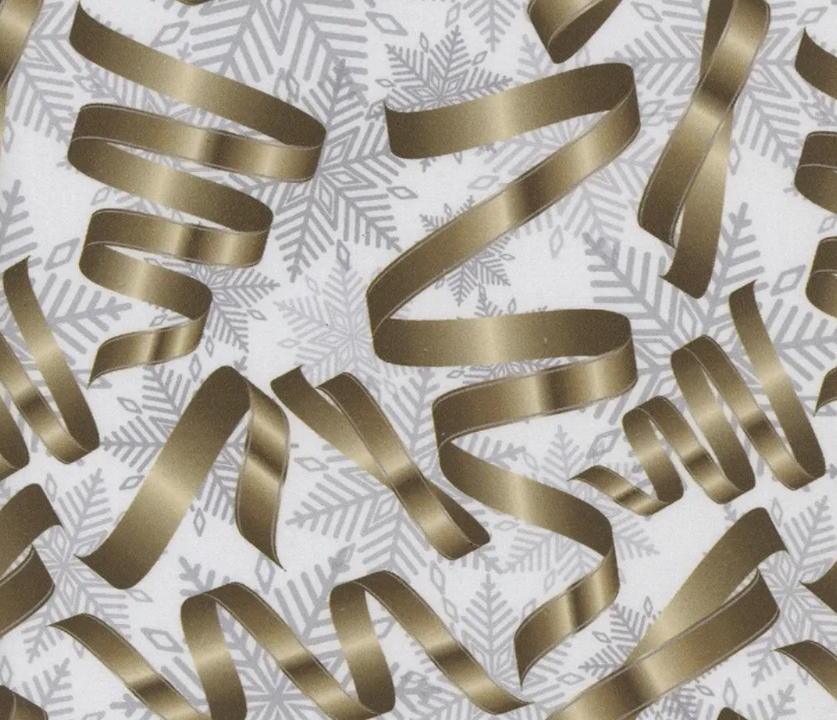 44 x 36 Gold Ribbons Silver Snowflakes Christmas 100% Cotton Fabric - Seasonal Fabrics - Little Red General Store