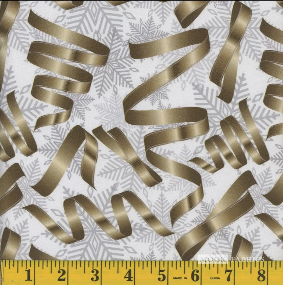 44 x 36 Gold Ribbons Silver Snowflakes Christmas 100% Cotton Fabric - Seasonal Fabrics - Little Red General Store