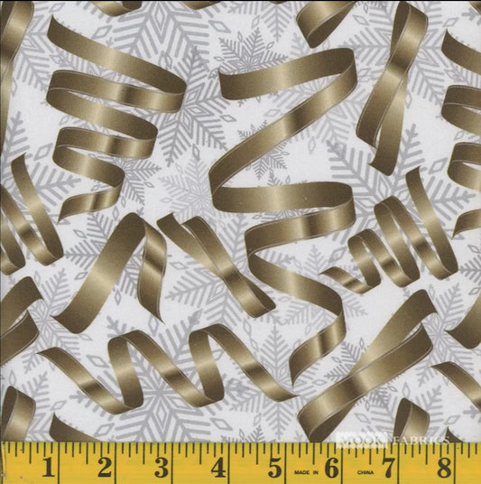 44 x 36 Gold Ribbons Silver Snowflakes Christmas 100% Cotton Fabric - Seasonal Fabrics - Little Red General Store