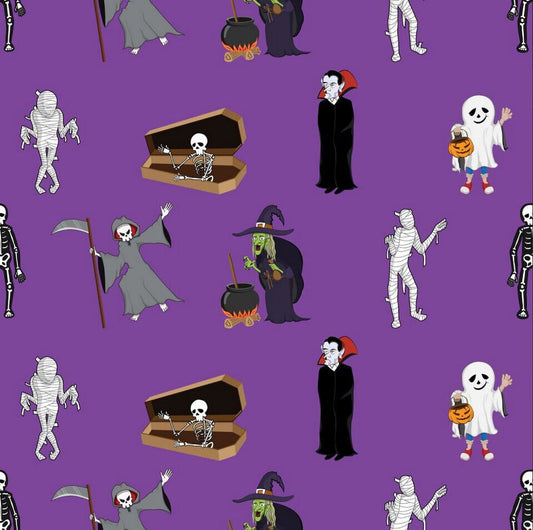45 x 36 Halloween Spooky Monsters Creatures on Purple 100% Cotton Fabric - Seasonal Fabrics - Little Red General Store