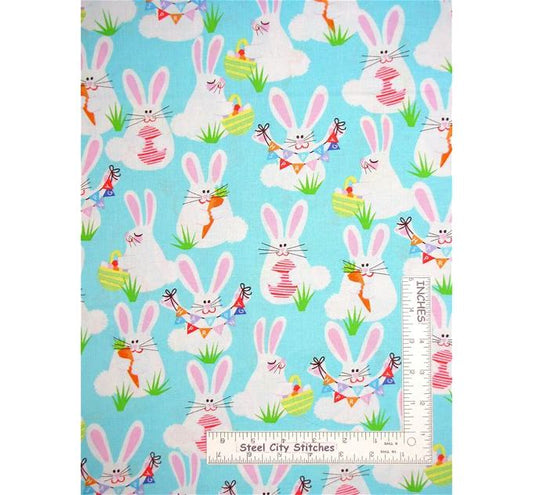 Benartex Funny Bunnies Spring Bunnies on Blue Easter Price Per Yard 100% Cotton Fabric - Seasonal Fabrics - Little Red General Store