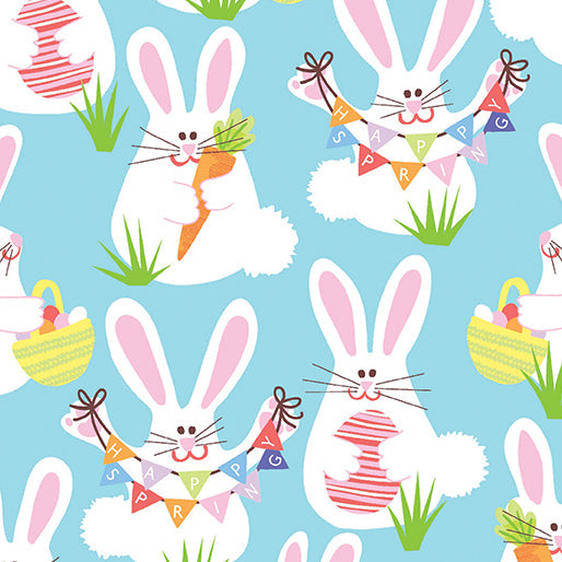 Benartex Funny Bunnies Spring Bunnies on Blue Easter Price Per Yard 100% Cotton Fabric - Seasonal Fabrics - Little Red General Store