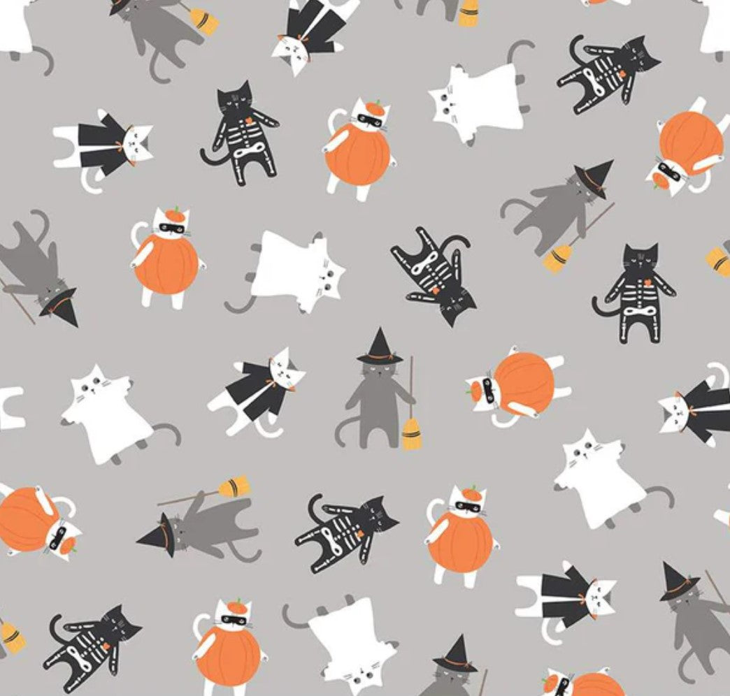 Halloween Cats in Costumes Gray Riley Blake 100% Cotton Price Per Yard - Seasonal Fabrics - Little Red General Store