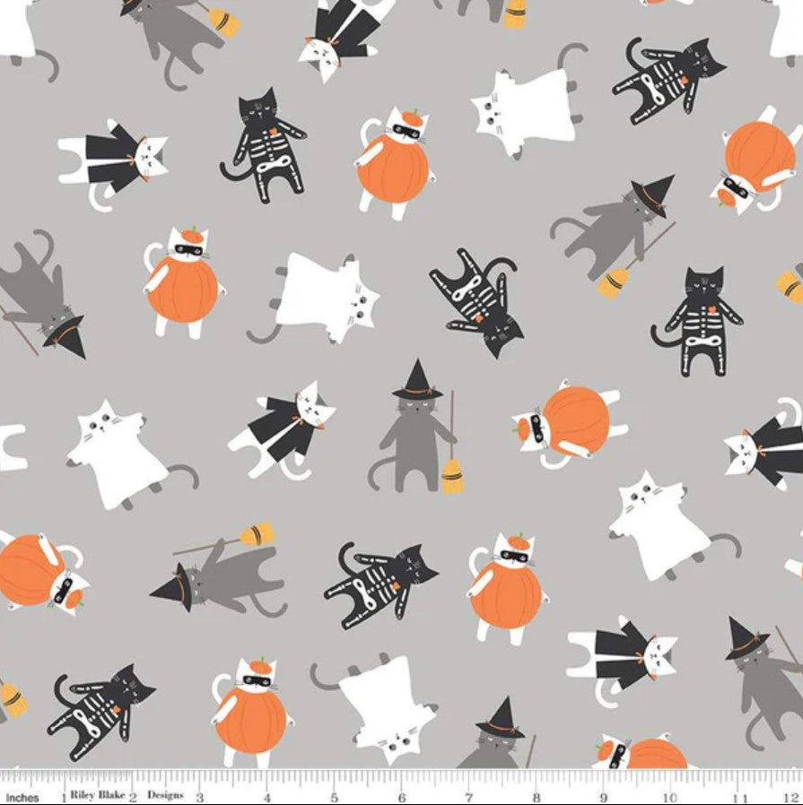 Halloween Cats in Costumes Gray Riley Blake 100% Cotton Price Per Yard - Seasonal Fabrics - Little Red General Store