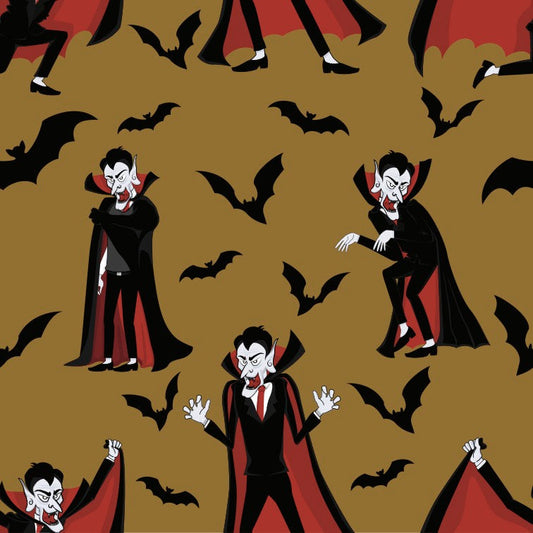 45 x 36 Halloween Dracula Vampire and Bats on Brown 100% Cotton Fabric - Seasonal Fabrics - Little Red General Store