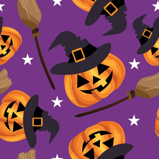 45 x 36 Halloween Smiling Pumpkins and Witches Brooms on Purple 100% Cotton Fabric - Seasonal Fabrics - Little Red General Store