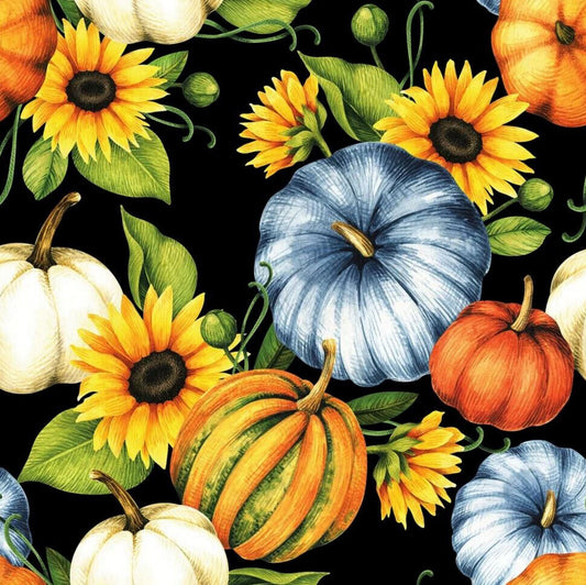 45 x 36 Pumpkins and Gourds on Black by the yard Fall Autumn Thanksgiving Fabric - Seasonal Fabrics - Little Red General Store