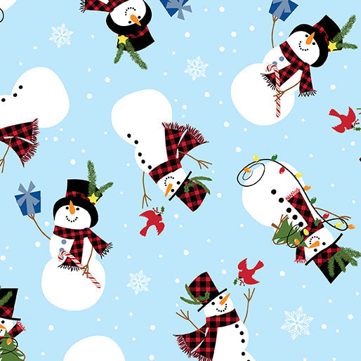44 x 36 Jolly Snowmen on Light Blue Benartex Christmas 100% Cotton Fabric - Seasonal Fabrics - Little Red General Store