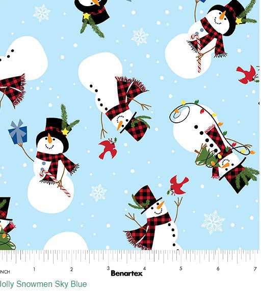 44 x 36 Jolly Snowmen on Light Blue Benartex Christmas 100% Cotton Fabric - Seasonal Fabrics - Little Red General Store