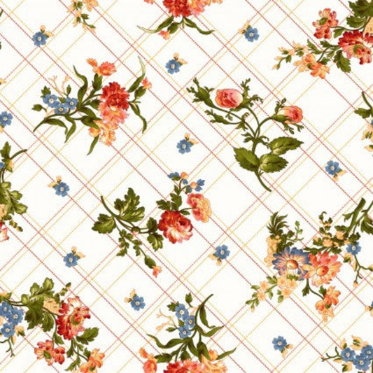 44 x 36 Floral Belle Epoque Bias Plaid Floral on Cream 100% Cotton - Seasonal Fabrics - Little Red General Store