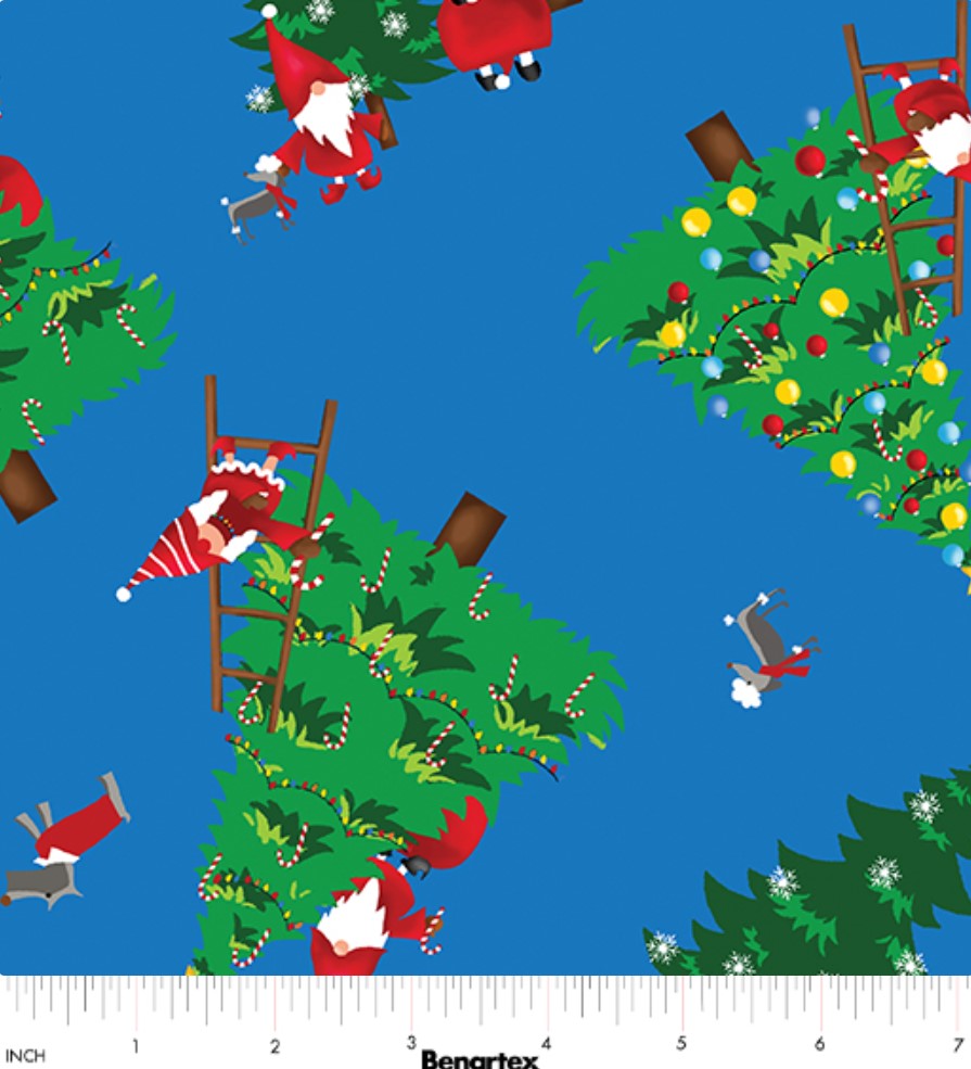 44 x 36 Gnomes Christmas Trees on Dark Blue Benartex 100% Cotton - Seasonal Fabrics - Little Red General Store