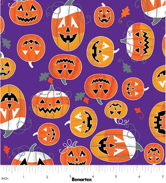 Benartex Glowoween Pumpkins On Dark Purple Glow in the Dark Halloween 100% Cotton Fabric - Seasonal Fabrics - Little Red General Store