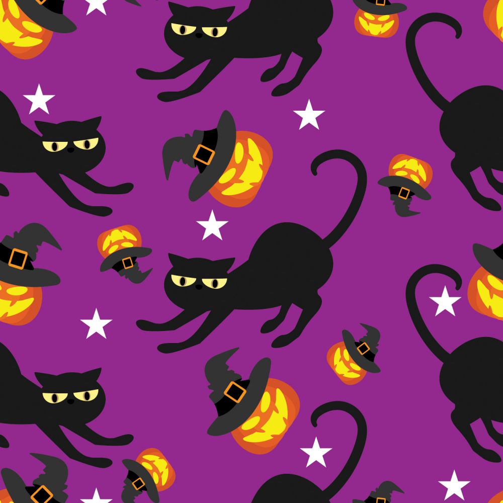 45 x 36 Halloween Spooky Black Cats and Tossed Pumpkins on Purple 100% Cotton Fabric - Seasonal Fabrics - Little Red General Store