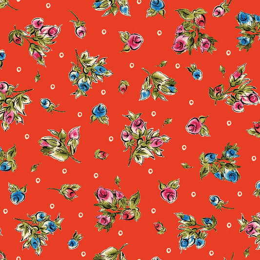 44 x 36 Red and Blue Roses on Red Maywood Studio 100% Cotton Floral - Seasonal Fabrics - Little Red General Store