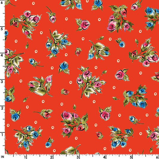 44 x 36 Red and Blue Roses on Red Maywood Studio 100% Cotton Floral - Seasonal Fabrics - Little Red General Store