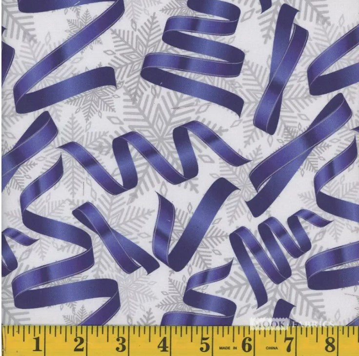 44 x 36 Blue Ribbons Silver Snowflakes Christmas 100% Cotton Fabric - Seasonal Fabrics - Little Red General Store