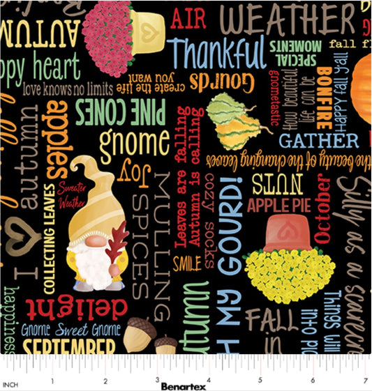 Benartex Falling For Gnomes Words On Black Thanksgiving 100% Cotton Fabric - Seasonal Fabrics - Little Red General Store