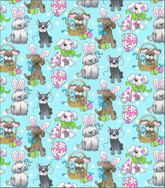 44 x 36 Easter Puppies Dogs on Blue Fabric Traditions 100% Cotton - Seasonal Fabrics - Little Red General Store