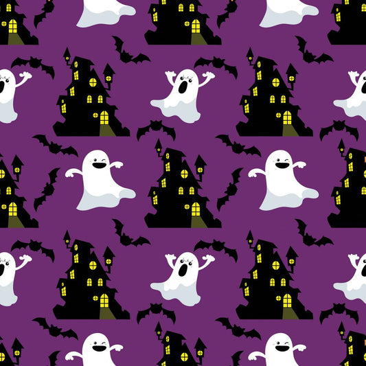 45 x 36 Halloween Ghosts and Haunted House on Purple 100% Cotton Fabric - Seasonal Fabrics - Little Red General Store