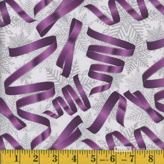 44 x 36 Purple Ribbons Silver Snowflakes Christmas 100% Cotton Fabric - Seasonal Fabrics - Little Red General Store