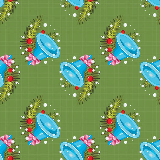 45 x 36 Christmas Blue Bells on Green Plaid 100% Cotton Fabric - Seasonal Fabrics - Little Red General Store