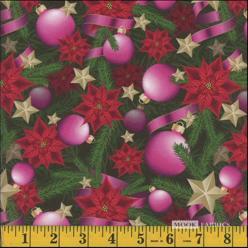 44 x 36 Pink Ornaments and Ribbons Christmas 100% Cotton Fabric - Seasonal Fabrics - Little Red General Store