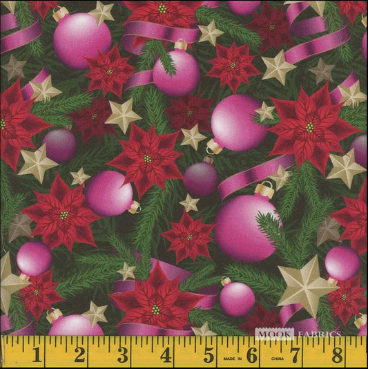 44 x 36 Pink Ornaments and Ribbons Christmas 100% Cotton Fabric - Seasonal Fabrics - Little Red General Store