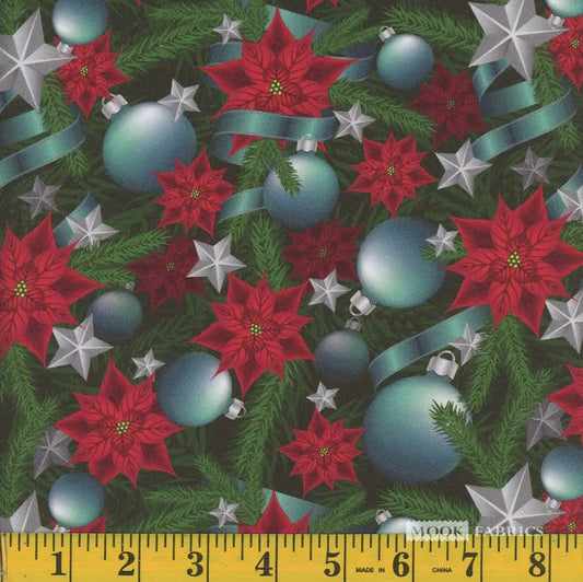 44 x 36 Teal Ornaments and Ribbons Christmas 100% Cotton Fabric - Seasonal Fabrics - Little Red General Store
