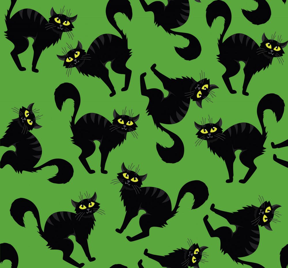 45 x 36 Halloween Creepy Black Cats on Green 100% Cotton Fabric - Seasonal Fabrics - Little Red General Store