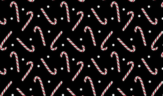 44 x 36 Candy Canes on Black Keeping Cozy Christmas Benartex Black 100% Cotton - Seasonal Fabrics - Little Red General Store