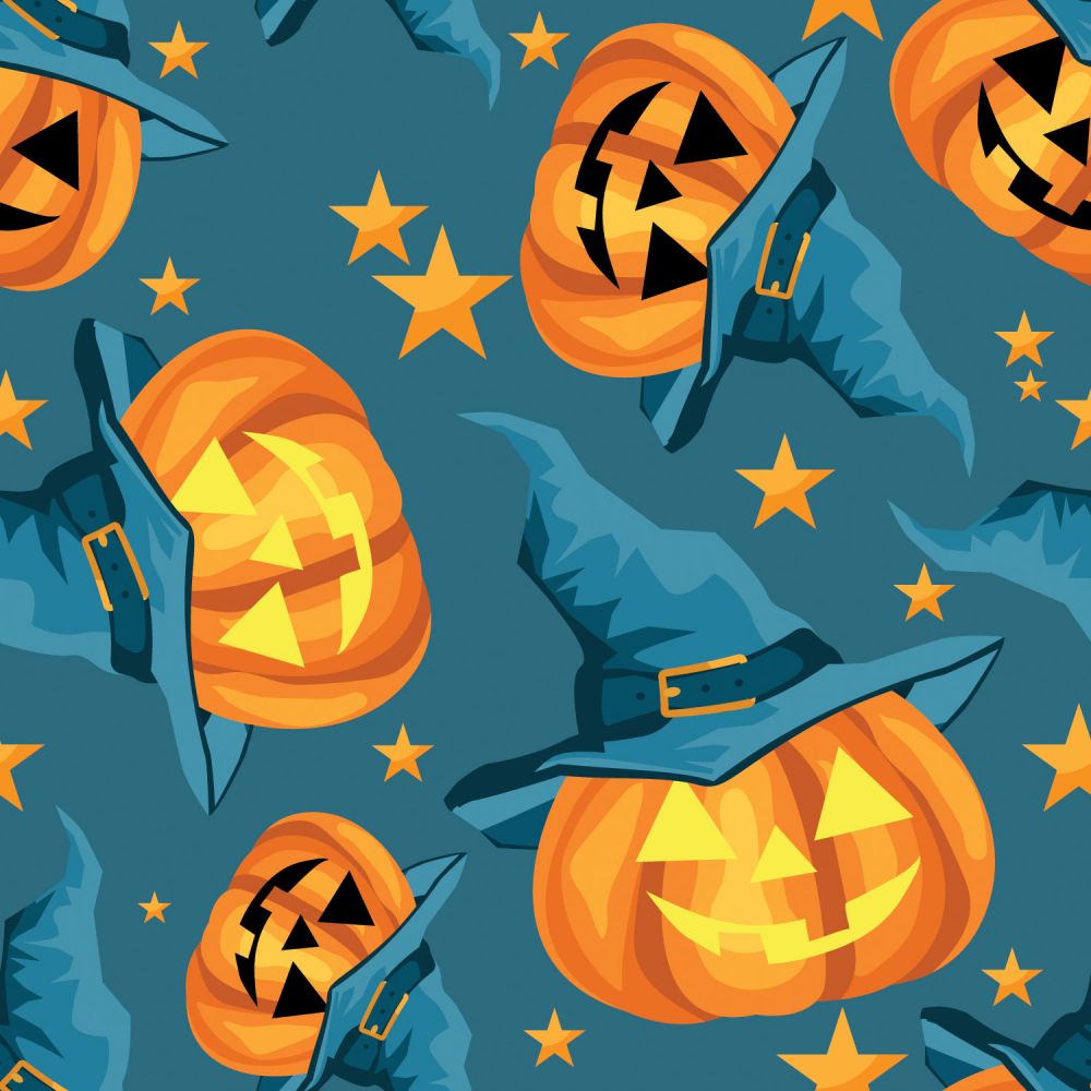 Halloween Fabric Smiling Pumpkins Jack o Lantern on Blue by the yard - Seasonal Fabrics - Little Red General Store