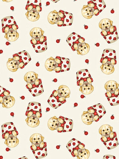 44 x 36 Trendy Pups in buckets Ladybugs on White Studio E 100% Cotton - Seasonal Fabrics - Little Red General Store