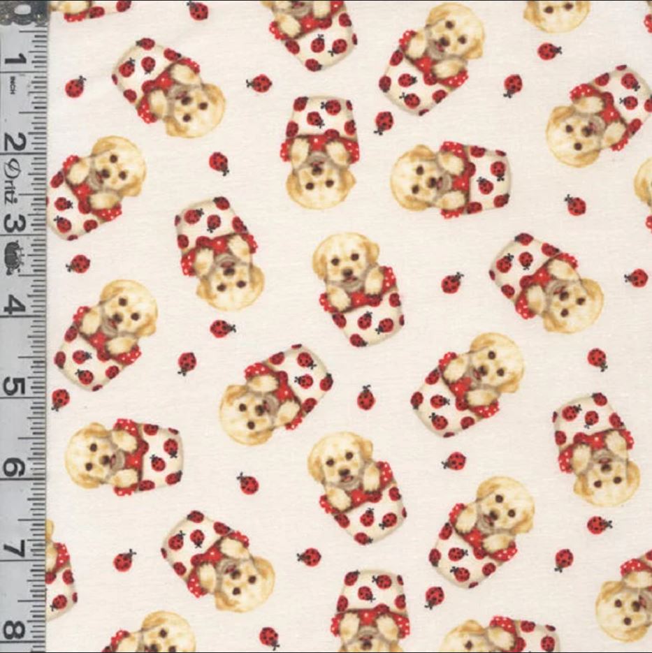 44 x 36 Trendy Pups in buckets Ladybugs on White Studio E 100% Cotton - Seasonal Fabrics - Little Red General Store